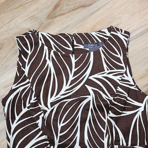 🔹️George by Mark Eisen Brown & Cream Leaf Print Fitted Dress w/Pockets Size 4 - Picture 3 of 12